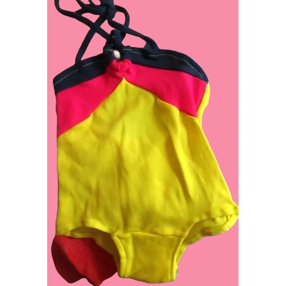 NEW Vintage Girls Swimsuit Size 2 Colorblock Nylon Yellow Pink Black Halter Neck